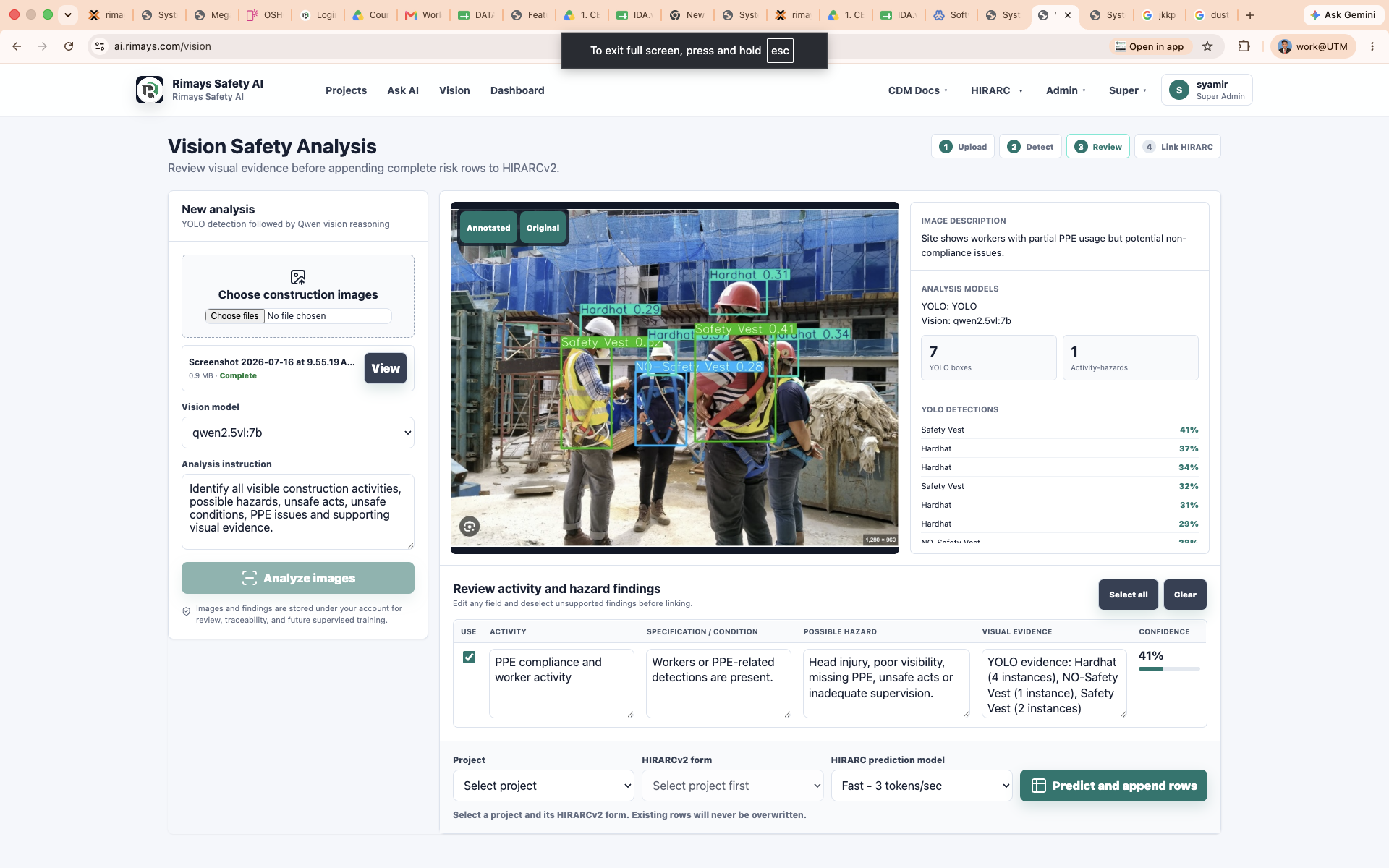 Safety vision analysis screenshot